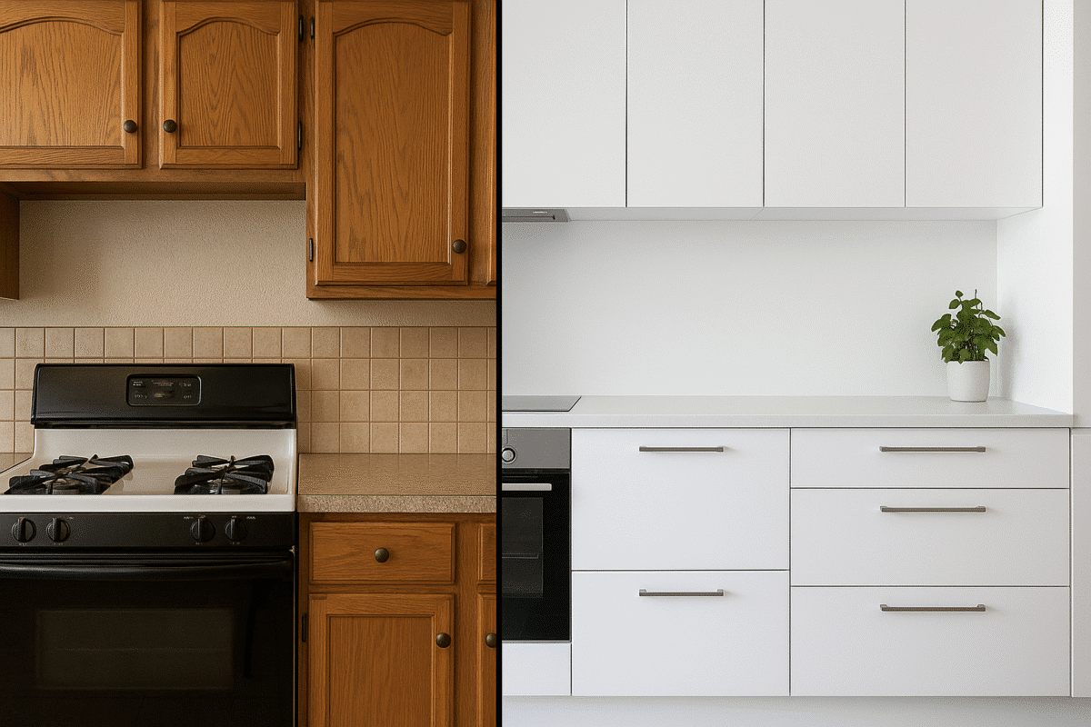 Painter applying smooth white finish to kitchen cabinets in a Marvin, NC luxury home, with careful masking and drop cloths in use