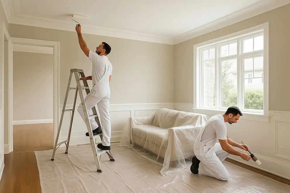 Painter carefully prepping living room walls for a flawless interior painting project in a Midland, NC home