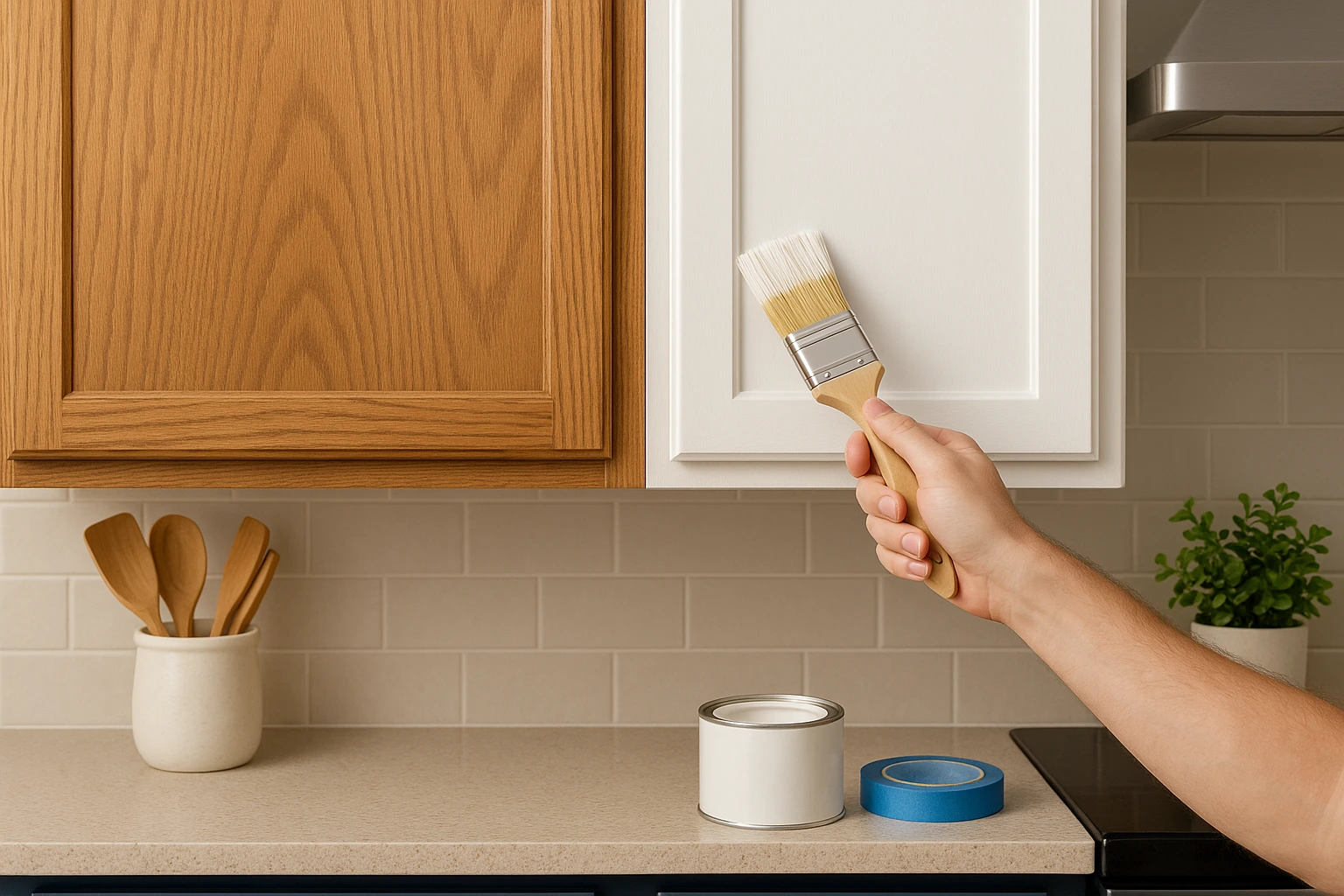 Painter applying smooth coat of quality paint to kitchen cabinets in a Mount Holly, NC family home