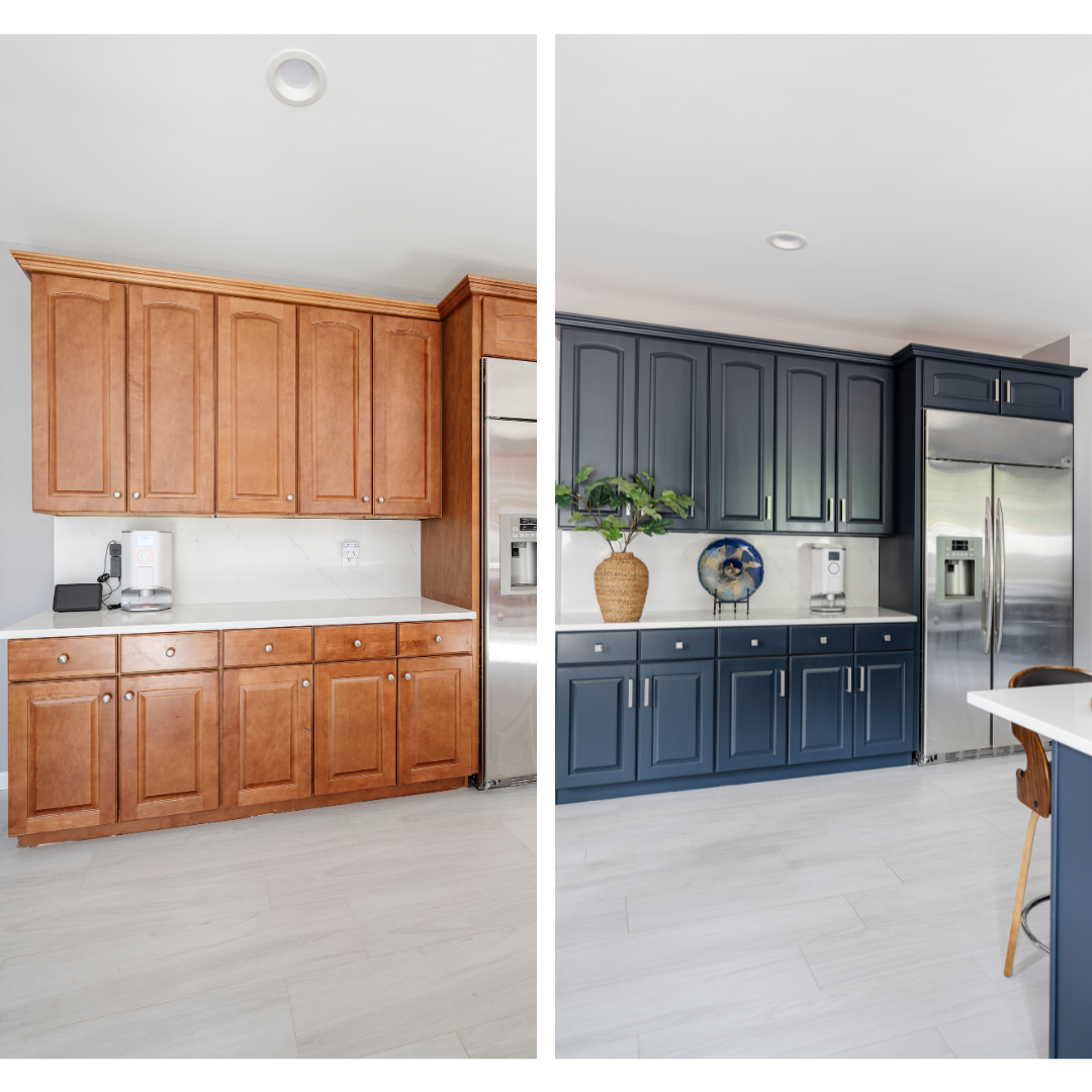 Skilled painter using specialized tools to prepare and repaint cabinets in a well-lit McAdenville, NC kitchen