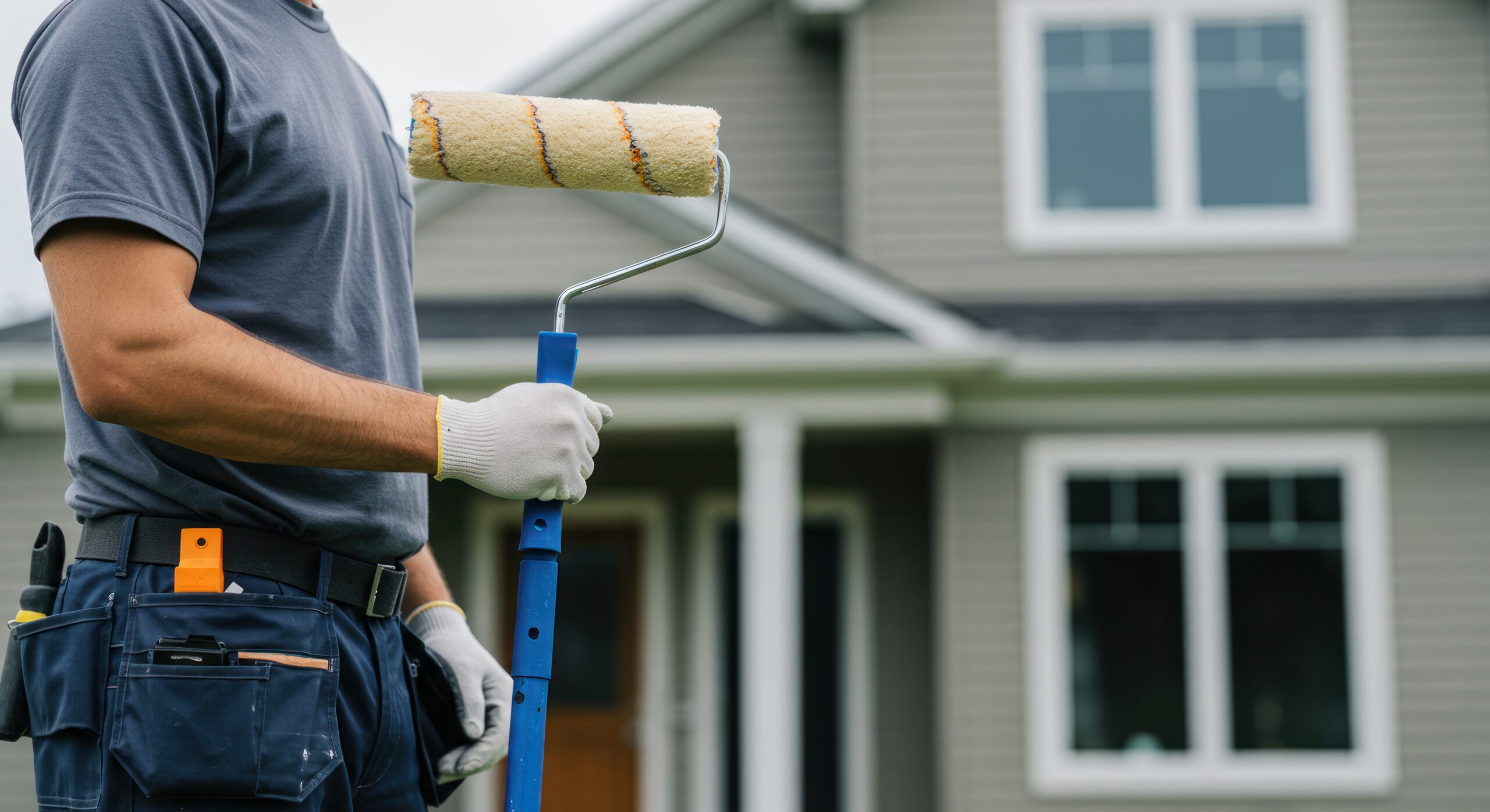 Experienced painter using ladder and sprayer for high-quality finish on Concord, NC home’s exterior siding